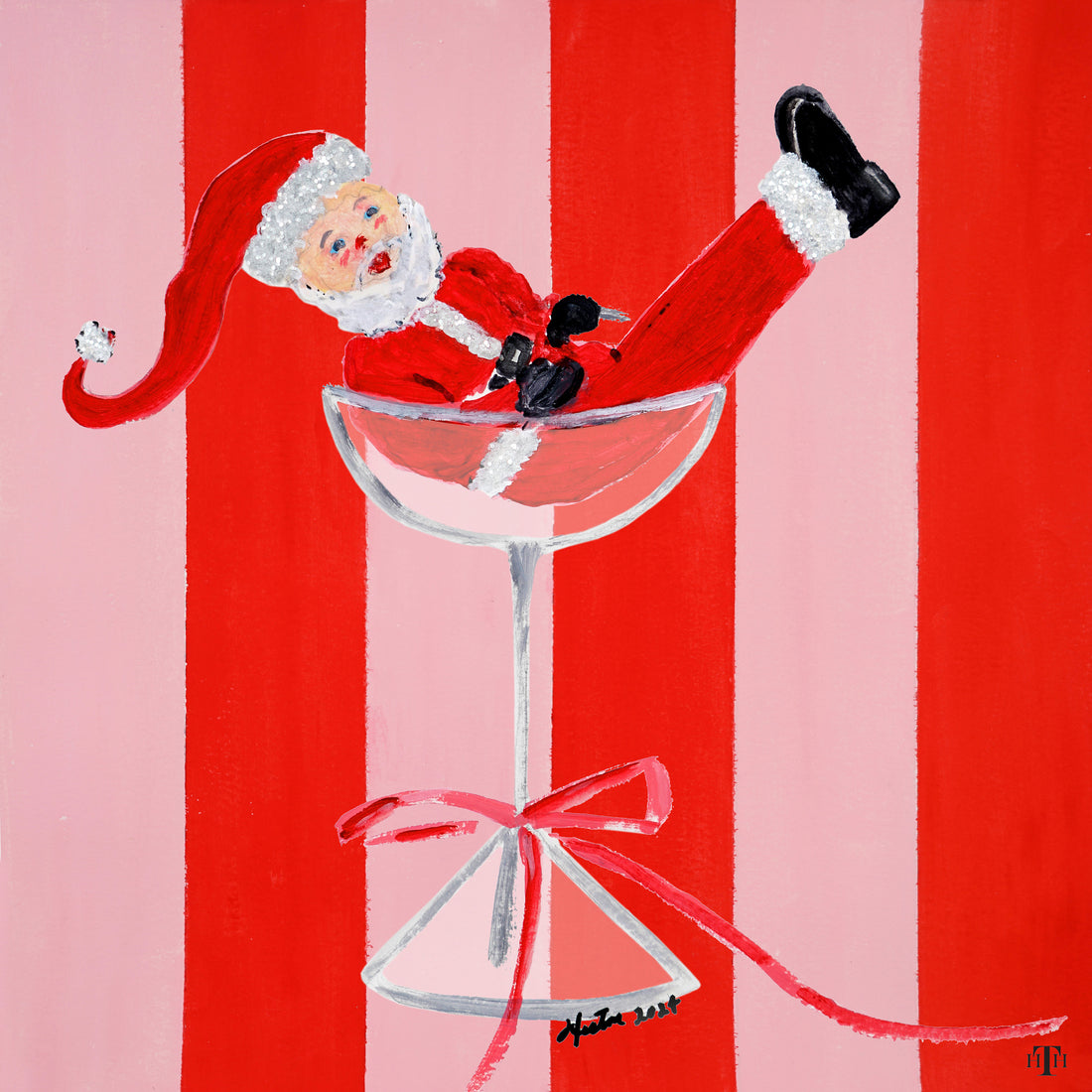 Holiday Santa in the Coupe - Red Stripe Accent Board